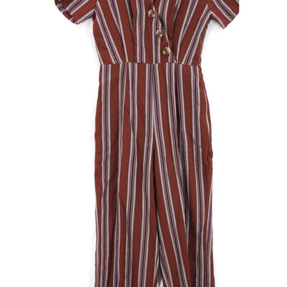 SKY AND SPARROW Jumpsuit Womens Red Striped Button Front Rust Short Sleeve XS NW - Picture 5 of 11
